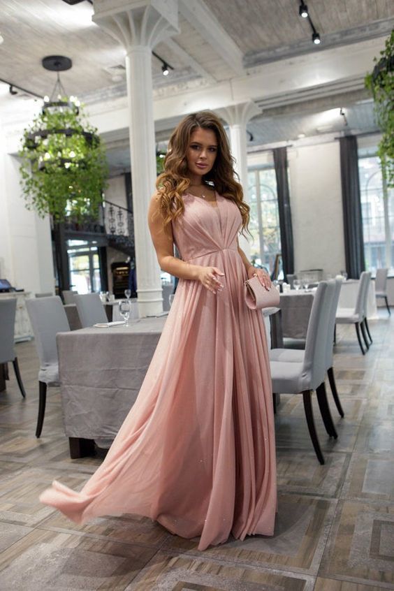 Pink Chiffon Long Prom Dress, Simple Prom Dress cg15946