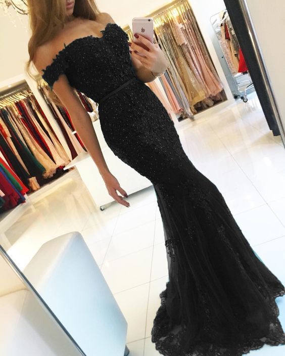 Elegant black lace mermaid prom dresses cg15947