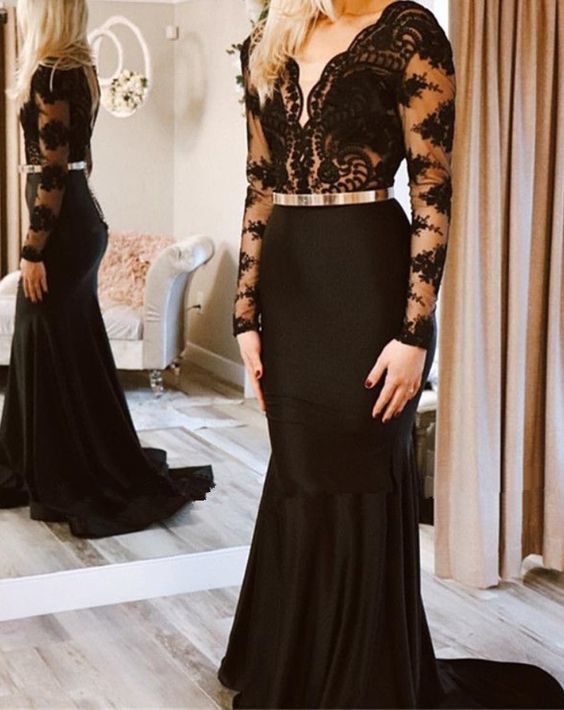 Gorgeous Lace Applique Long Sexy Mermaid Black Prom Dress cg15950