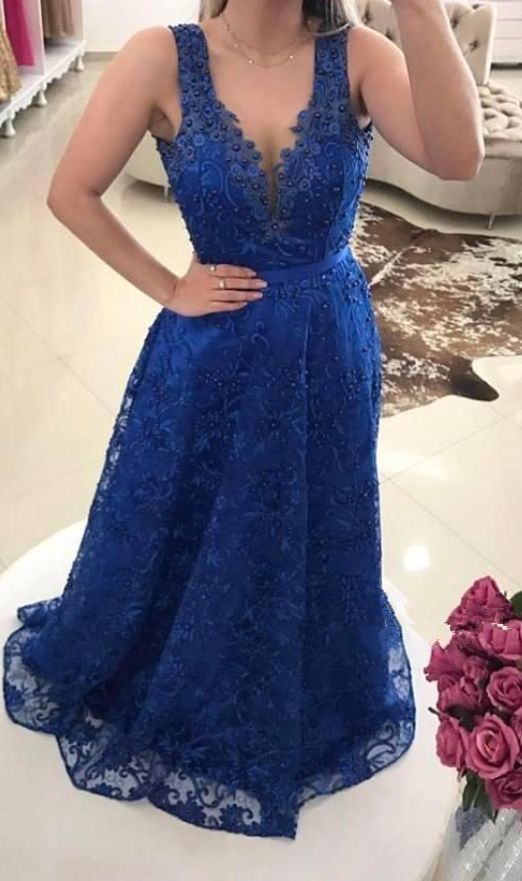 Royal-Blue Lace A-line Pearls V-Neck Prom Dresses cg15952