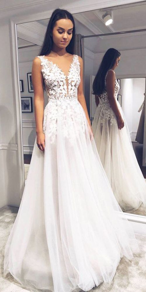 Simple A-line V-neck Open Back Lace Prom Dresses cg15956