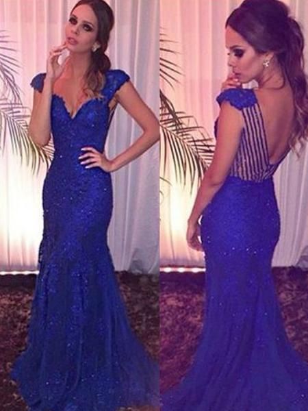 Royal Blue Mermaid Cap Sleeves V-Neck Sexy Evening Party Dress prom dress cg15960