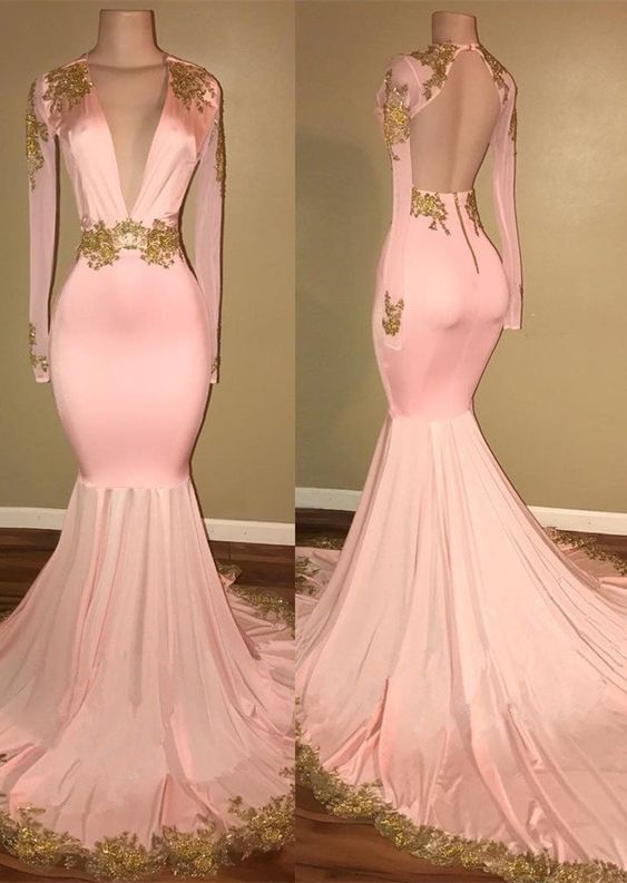 Pink V Neck Long Sleeves Mermaid Prom Dresses Affordable Evening Dresses cg15969
