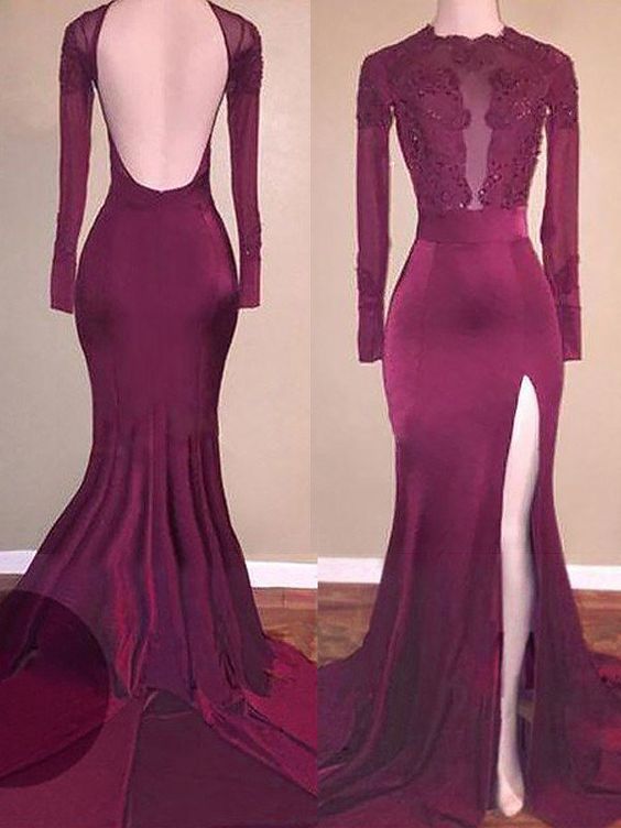 Trumpet/Mermaid Scoop Satin Long Sleeves Applique Sweep/Brush Train Prom Dresses cg15970