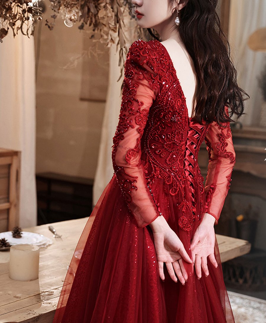 Burgundy tulle lace long prom dress, burgundy bridesmaid dress cg15977