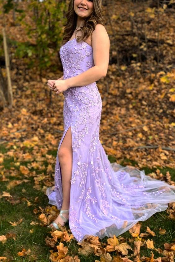 Strapless Lavender Lace Long Prom Dress with Slit cg15988
