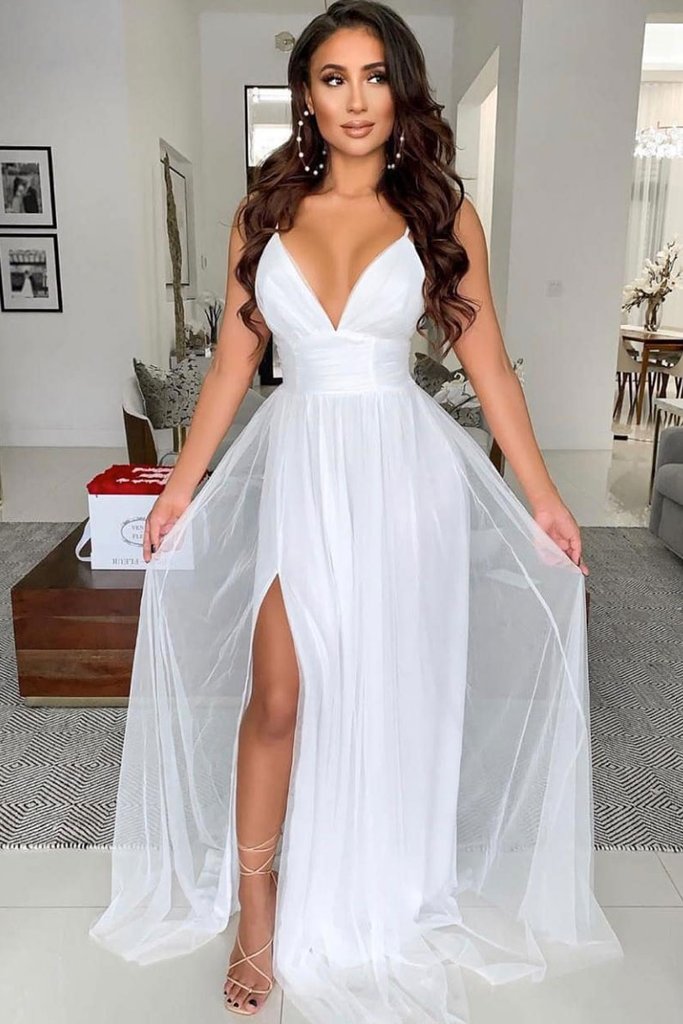 WHITE V NECK TULLE LONG PROM DRESS WHITE EVENING DRESS cg15996