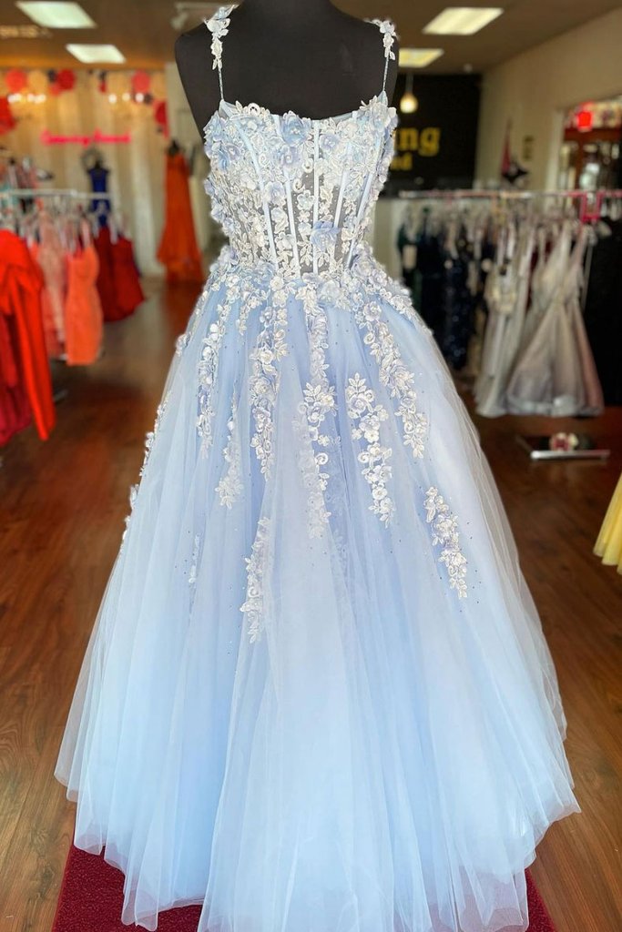 BLUE SWEETHEART TULLE LACE APPLIQUE LONG PROM DRESS LACE FORMAL DRESS cg15997