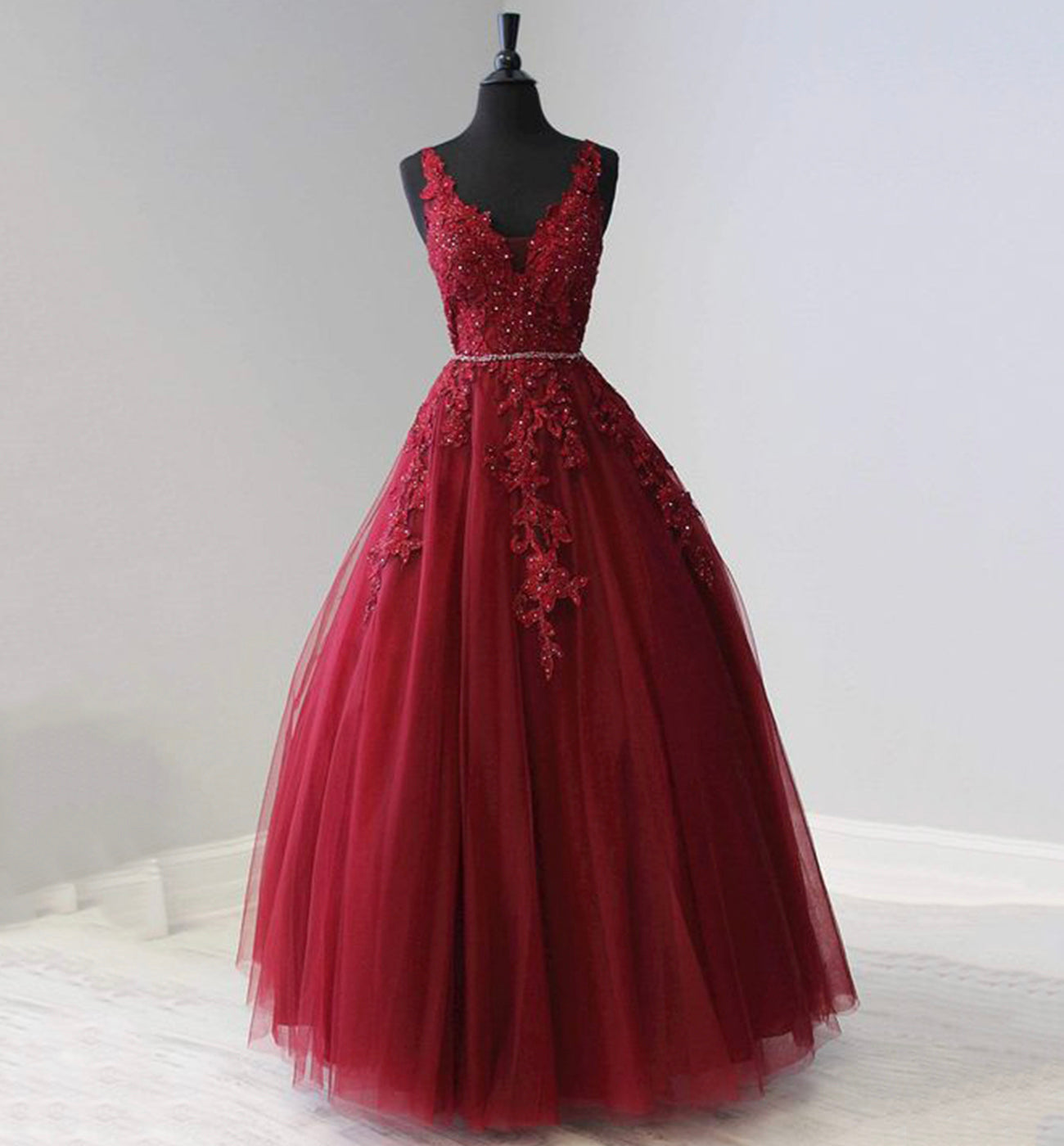 BURGUNDY V NECK LACE LONG PROM DRESS EVENING DRESS cg15998