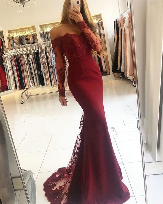 Burgundy Lace Prom Dresses Mermaid Long Evening Dress cg16008
