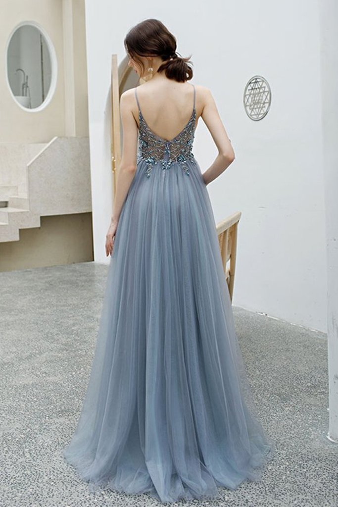Elegant V Neck Backless Grey Long Beaded Prom Dress with Slit cg16014