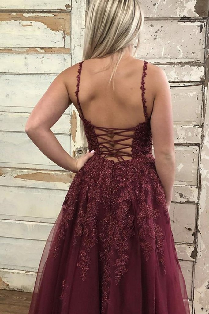 Burgundy V Neck Backless Lace Long Prom Dress, cg16015