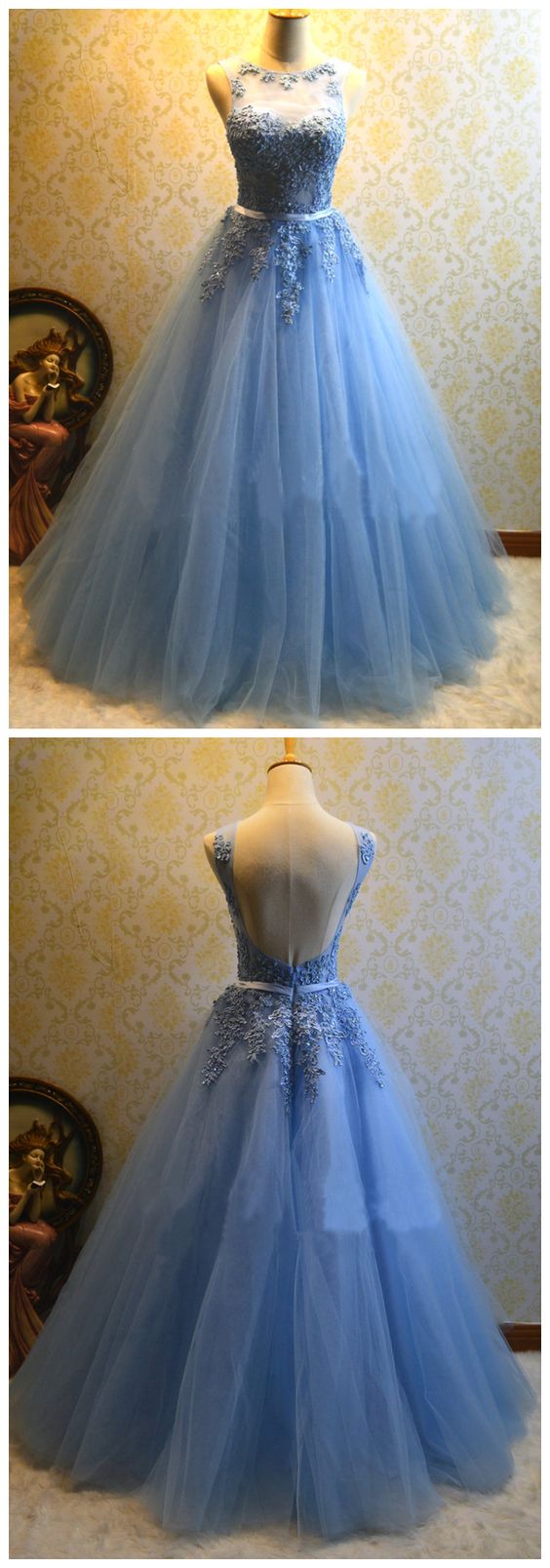 Ball Gown Blue Prom Dress,Tulle Appliques Prom Dresses,Long Quinceanera Dresses cg16021