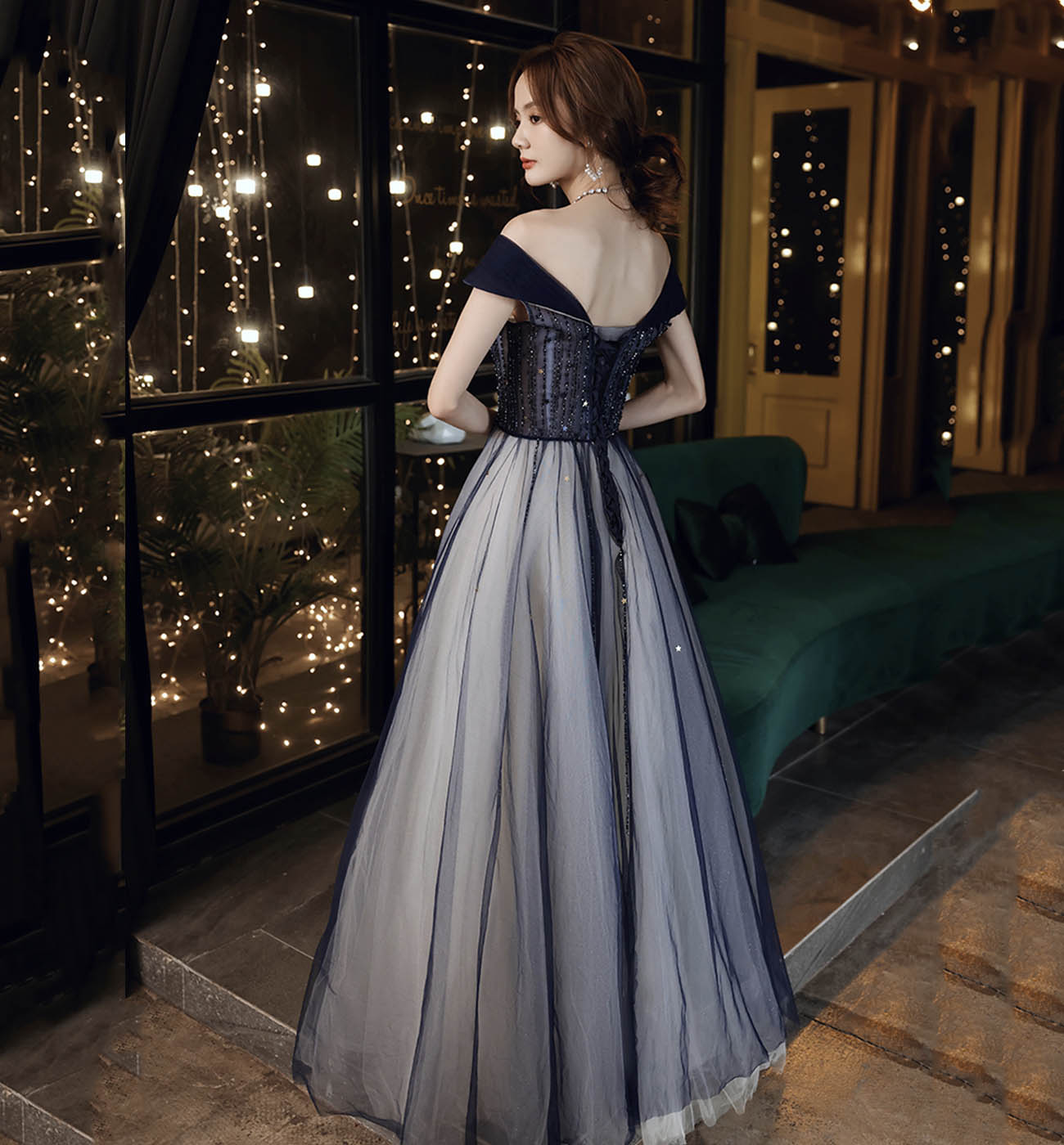 BLUE TULLE BEADS LONG PROM DRESS BLUE EVENING DRESS cg16053