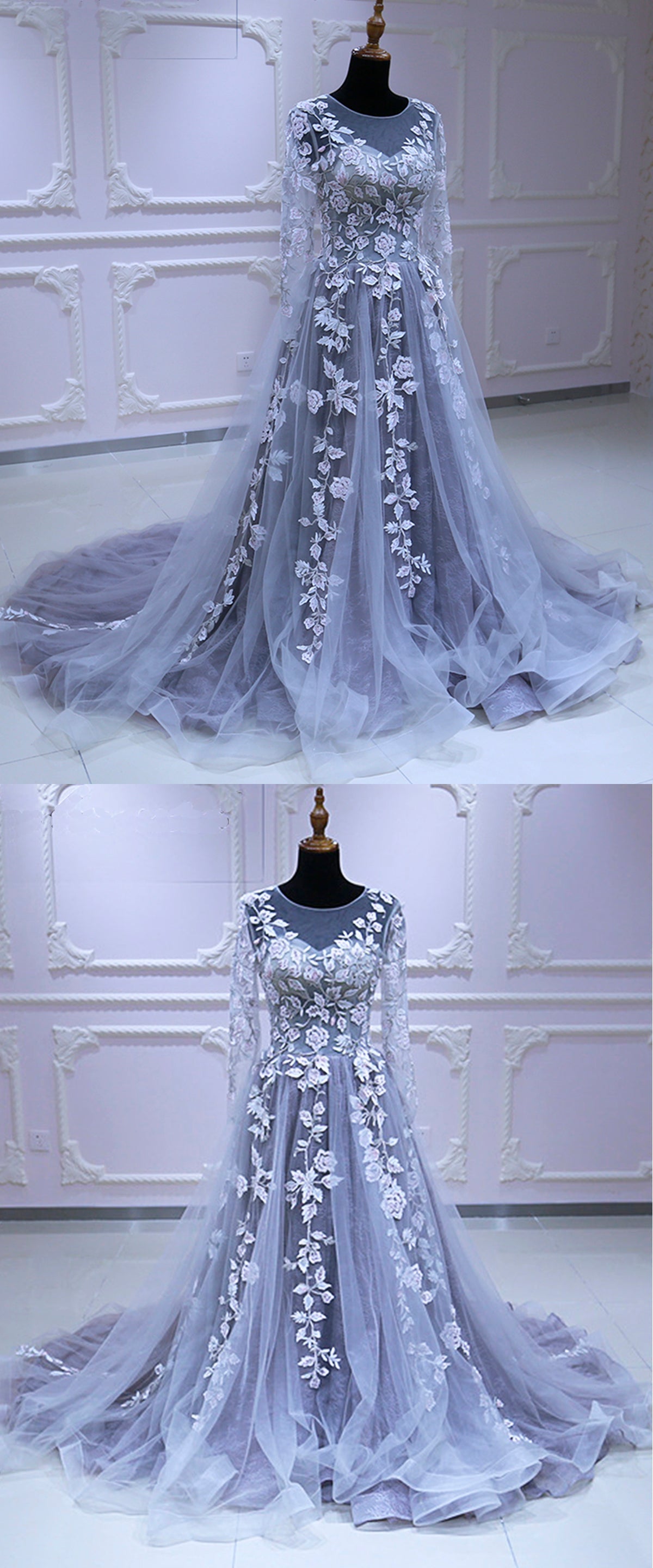 Spring Flower Lace Long Sleeve Pageant Prom Dress, Lace Evening Dress cg16064