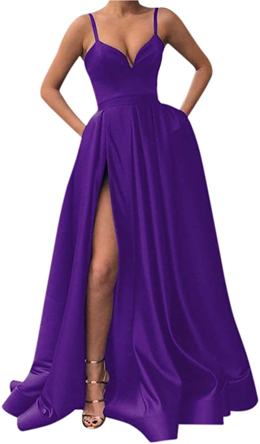 Spaghetti Straps V-Neck Slit Ruffles Long Prom Dress with Pockets cg16065