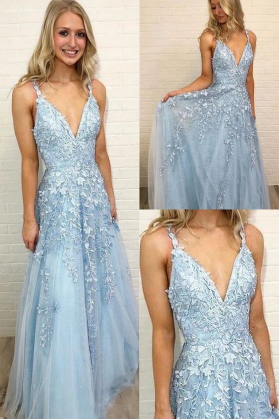 Tulle New V-neckTulle Appliques Lace Prom Dresses cg16071