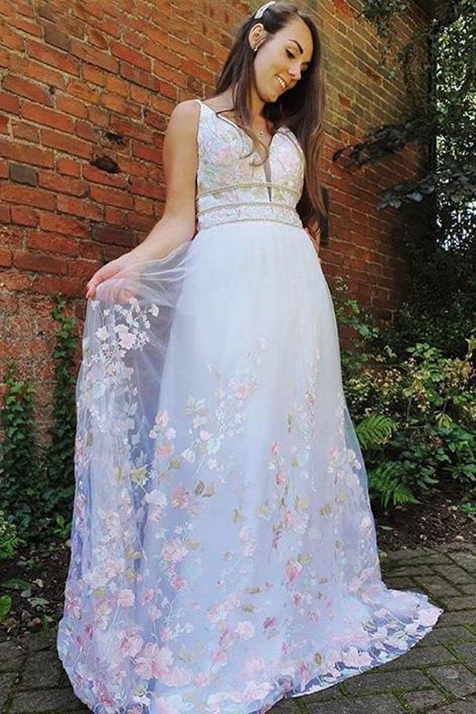 White A Line V Neck Long Lace Floral Prom Dress, Floral White Formal Graduation Evening Dress cg16091