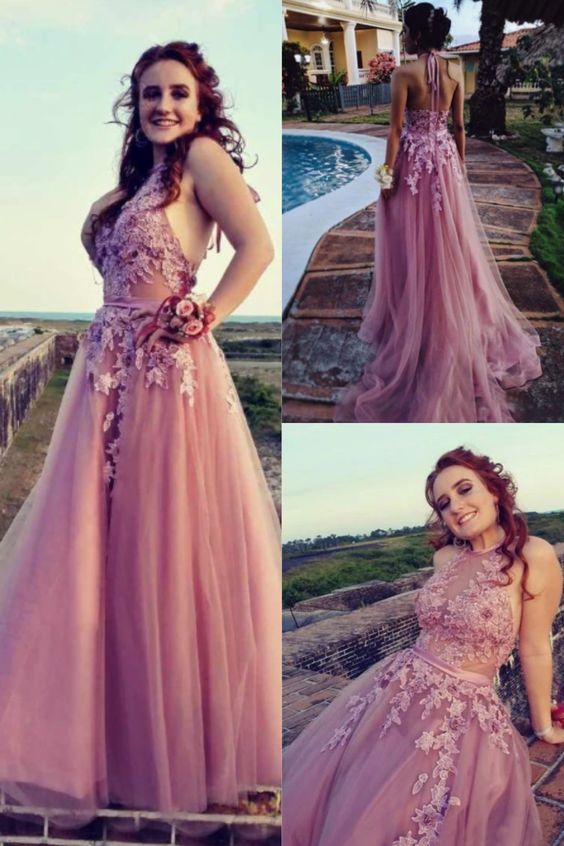 Halter Open Back Tulle Appliques Lace Prom Dresses cg16092
