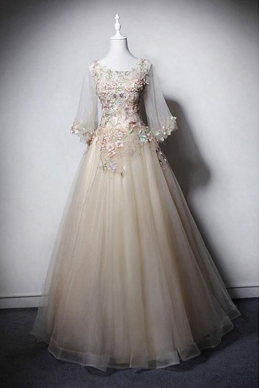 Light Champagne Mid Sleeve Long Lace Up Senior Prom Dress With Applique cg16103