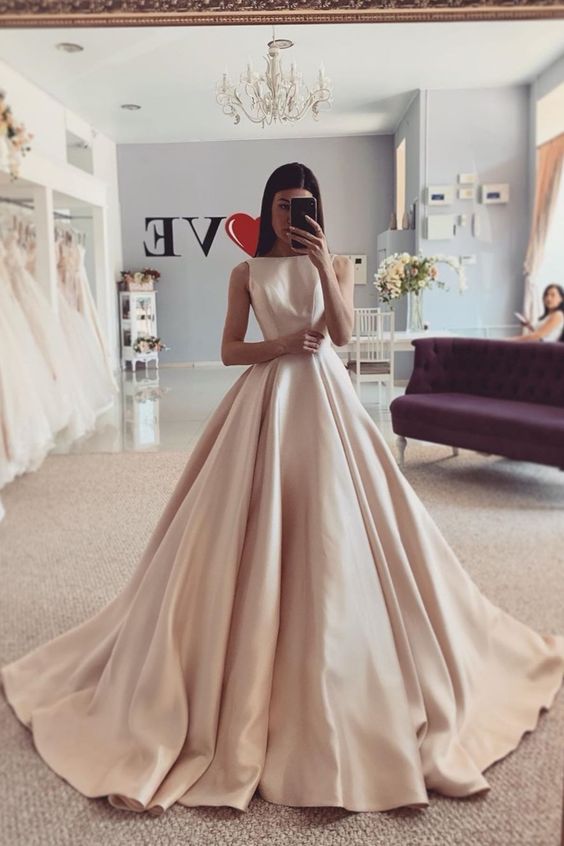 Long Prom Dress Bateau Satin Simple Champagne Wedding Dresses with Train cg16109