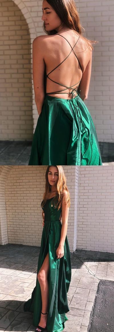 Elegant Prom Dresses Dark Green, Long Prom Dresses With Slit, A Line Prom Dresses Open Back cg16116