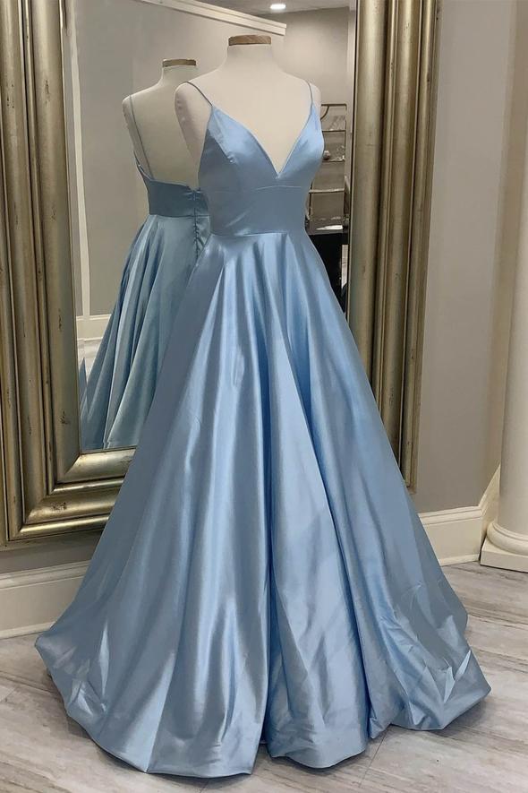 Blue v neck satin long prom dress evening dress cg16140