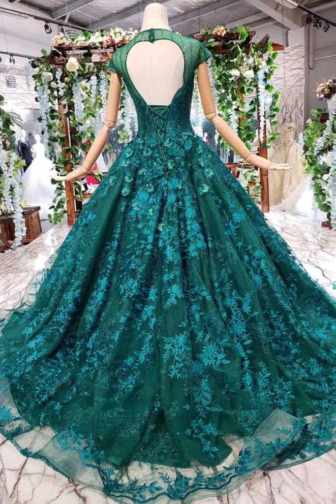Cap Sleeves Round Neck Open Back Green Lace Prom Dress cg16147