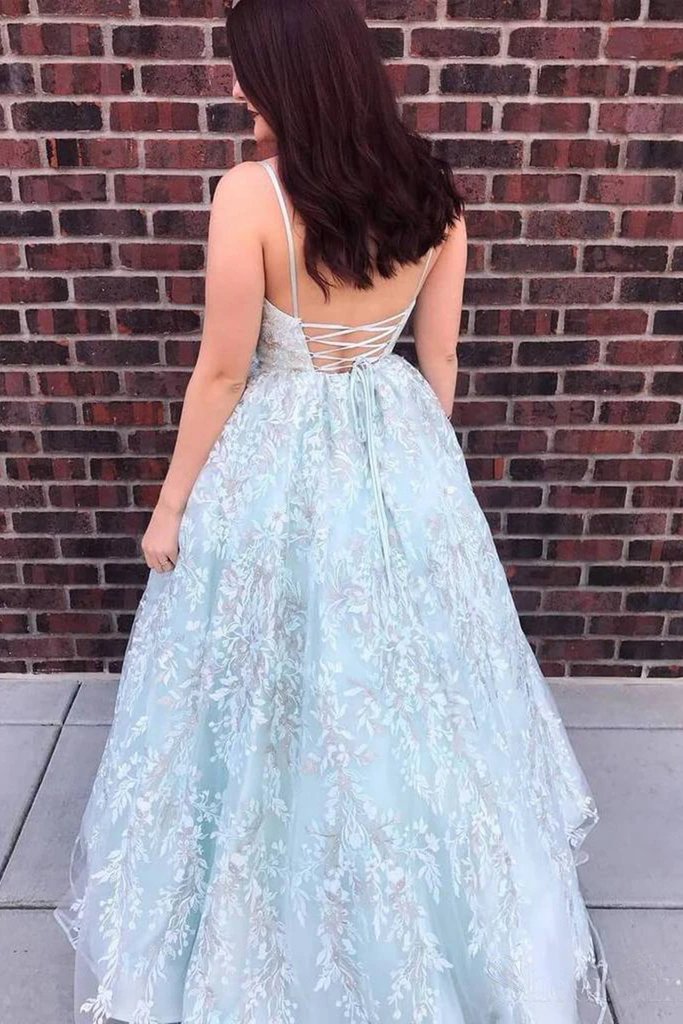 A Line V Neck Backless Blue Lace Floral Long Prom Dress, Blue Lace Formal Dress, Blue Evening Dress cg16148
