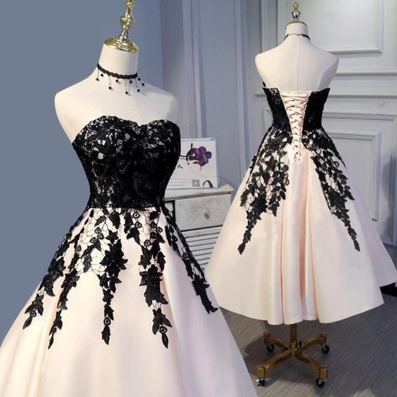 Tea Length Champagne and Black Lace Wedding Party Gown Formal homecoming dress cg1616