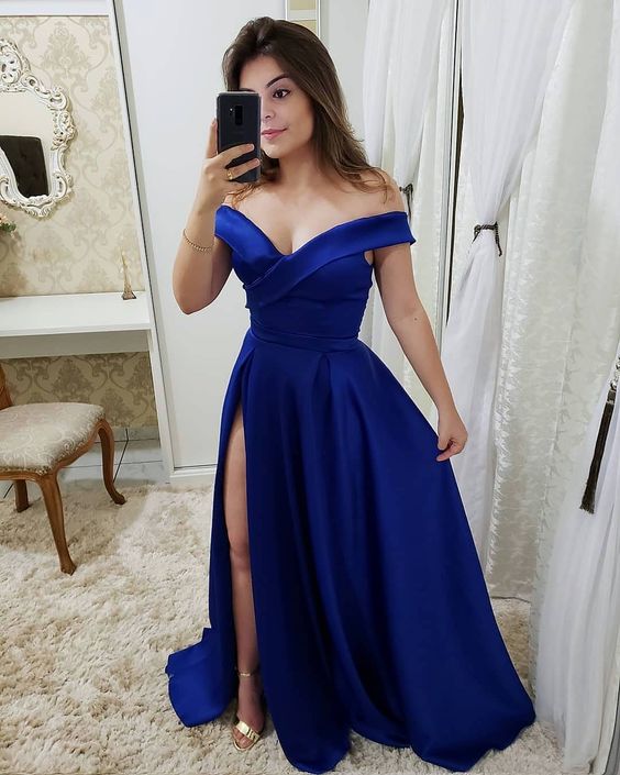 Elegant V-neck Off The Shoulder Long Satin Prom Dresses cg16166