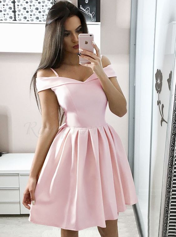 A-Line Off-the-Shoulder Above-Knee Pink Satin Homecoming Dress with Pleats cg16167