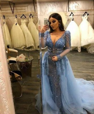 Gorgeous Long Sleeves V-Neck Lace Beaded Mermaid Prom Dresses with Over Skirt cg16170