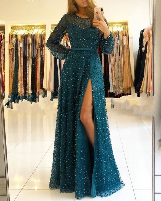 Floor Length Prom Dress With Split , Long Sleeves Prom Dress cg16172