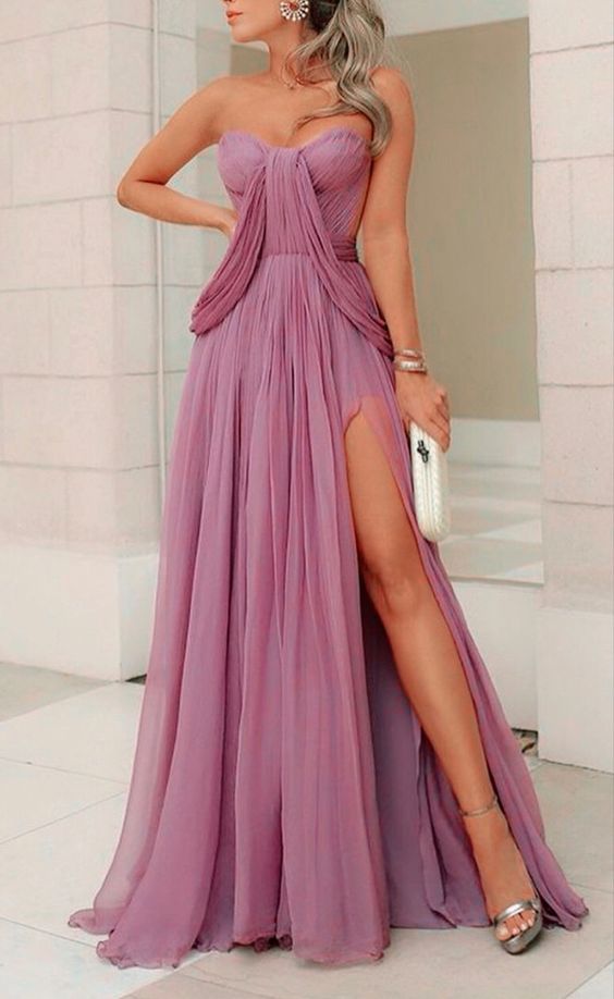 Beautiful Prom DressesMauve pink bridesmaid dresses long chiffon pleated sweetheart split formal gowns for women cg16182