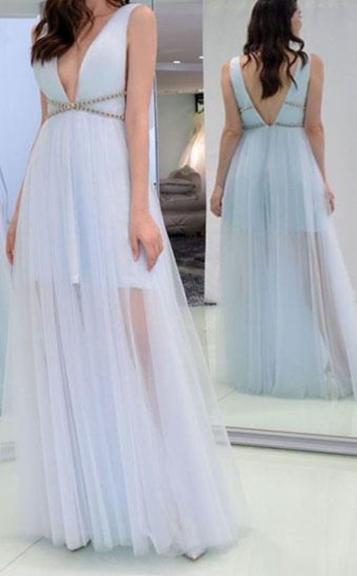 Light Blue Prom Dress,Tulle Prom Dress,A-Line Prom Dresses,V-Neck Prom Dress cg16188
