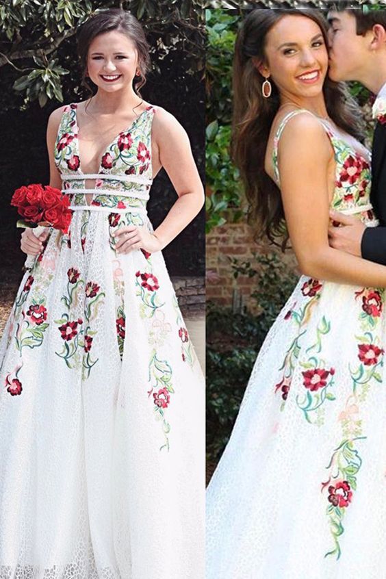 A Line V Neck Ivory Lace Prom Dresses with Embroidery, Printed Evening Dresses cg16190