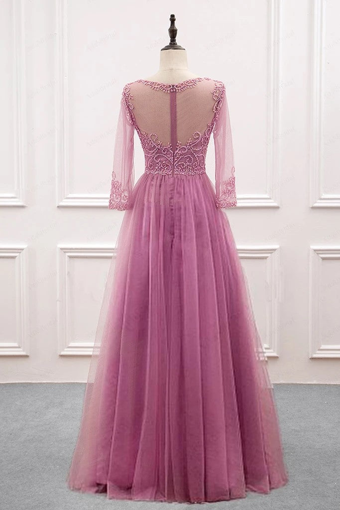 prom Dress New Arrival Beaded Prom Dress Floor Length Formal Gown Tulle Pink Long Sleeves cg16195