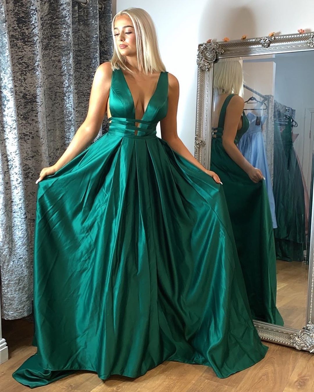 pluning A-line green satin long prom dress formal dress cg16198