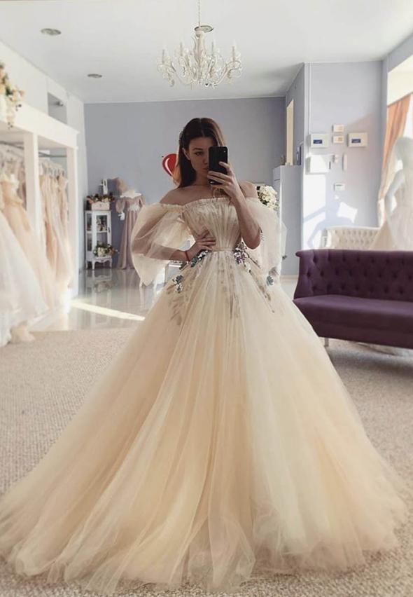 Champagne tulle long prom dress evening dress cg16199