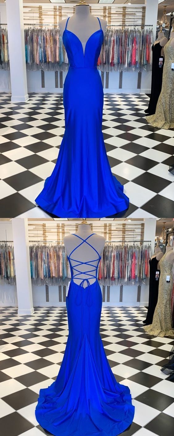 Spaghetti Straps Blue Satin Mermaid Prom Dress cg16214