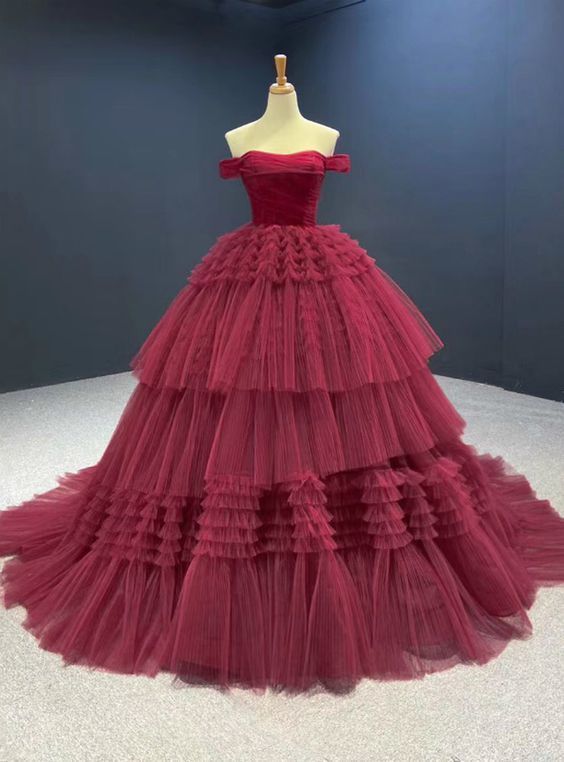 Burgundy Ball Gown Tulle Off the Shoulder Pleats Prom Dress cg16216