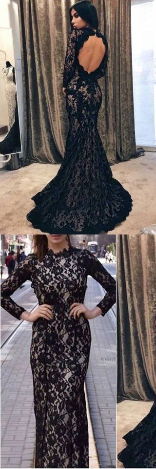 Mermaid Round Neck Open Back Sweep Train Black Lace Prom Dress with Beading cg16220