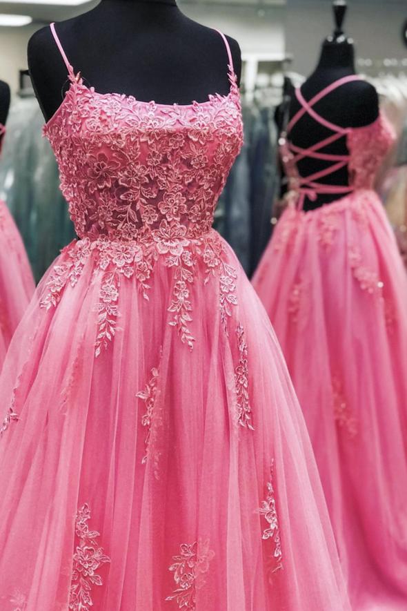 Pink tulle lace long prom dress pink evening dress cg16278