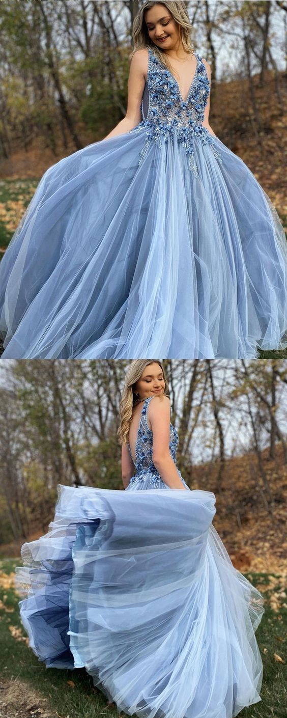 V-neck Beaded 3D Flowers Dusty Blue Tulle Prom Dress cg16287