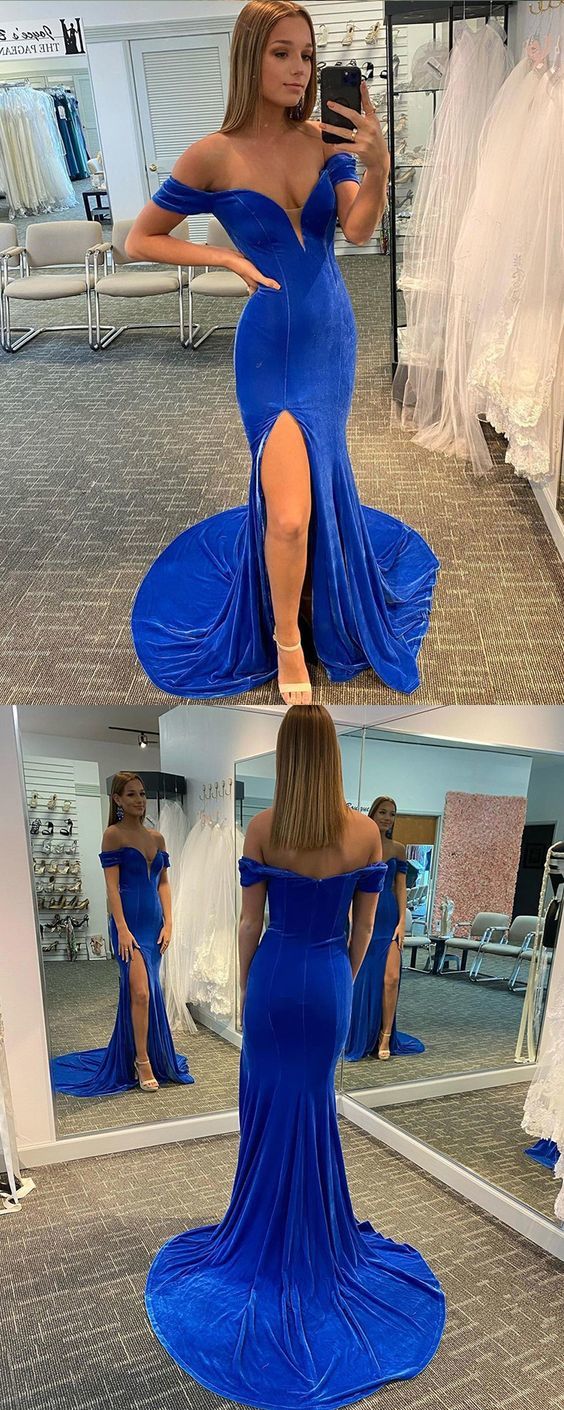 Off the Shoulder Blue Velvet Mermaid Prom Dress with Side Slit cg16292