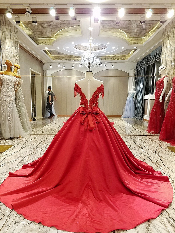 New High-end Luxury Satin Evening Dress Bride Married Red Lace Flower with Beading Sweep Train Long Prom Party Gowns cg16313