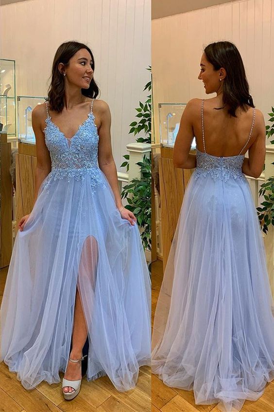 light blue long prom dress with side slit, 2020 prom dress with spaghetti straps cg16359
