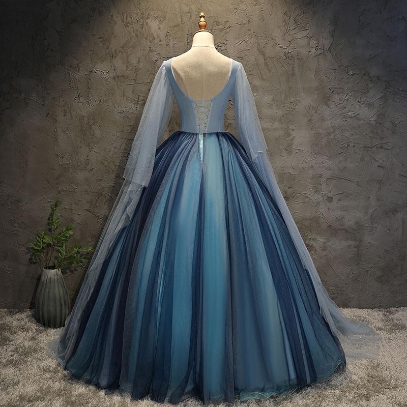 Blue Tulle Ball Gown Long Sweet 16 Dress With Lace Applique, Prom Dress cg16360