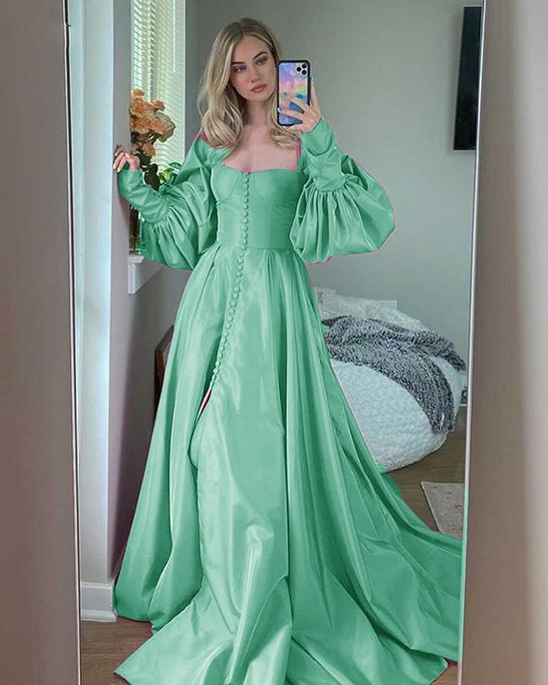 Princess A Line Satin Baby Blue /Pink Bishop Sleeves Prom Party Dresses with Slit Formal Gowns Buttons cg16369